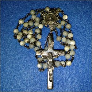 Vintage Creed Sterling Silver White Bead Rosary Necklace